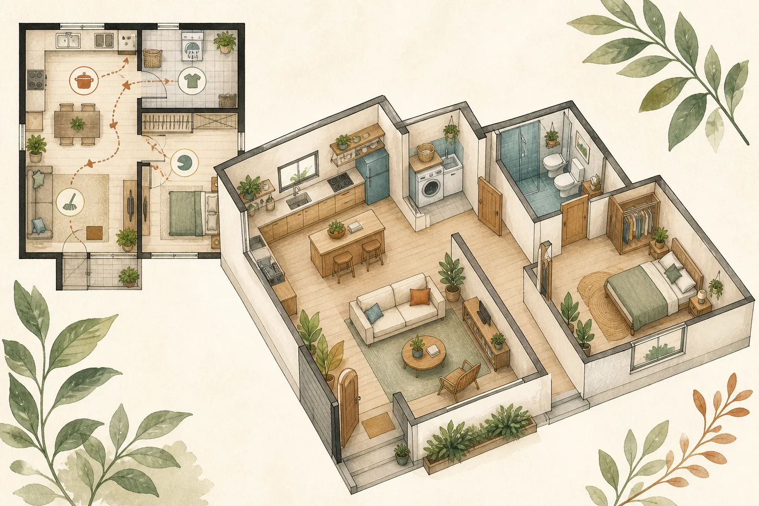Ilustração editorial de uma planta residencial com cozinha, lavanderia, sala, quarto, banheiro e plantas naturais
